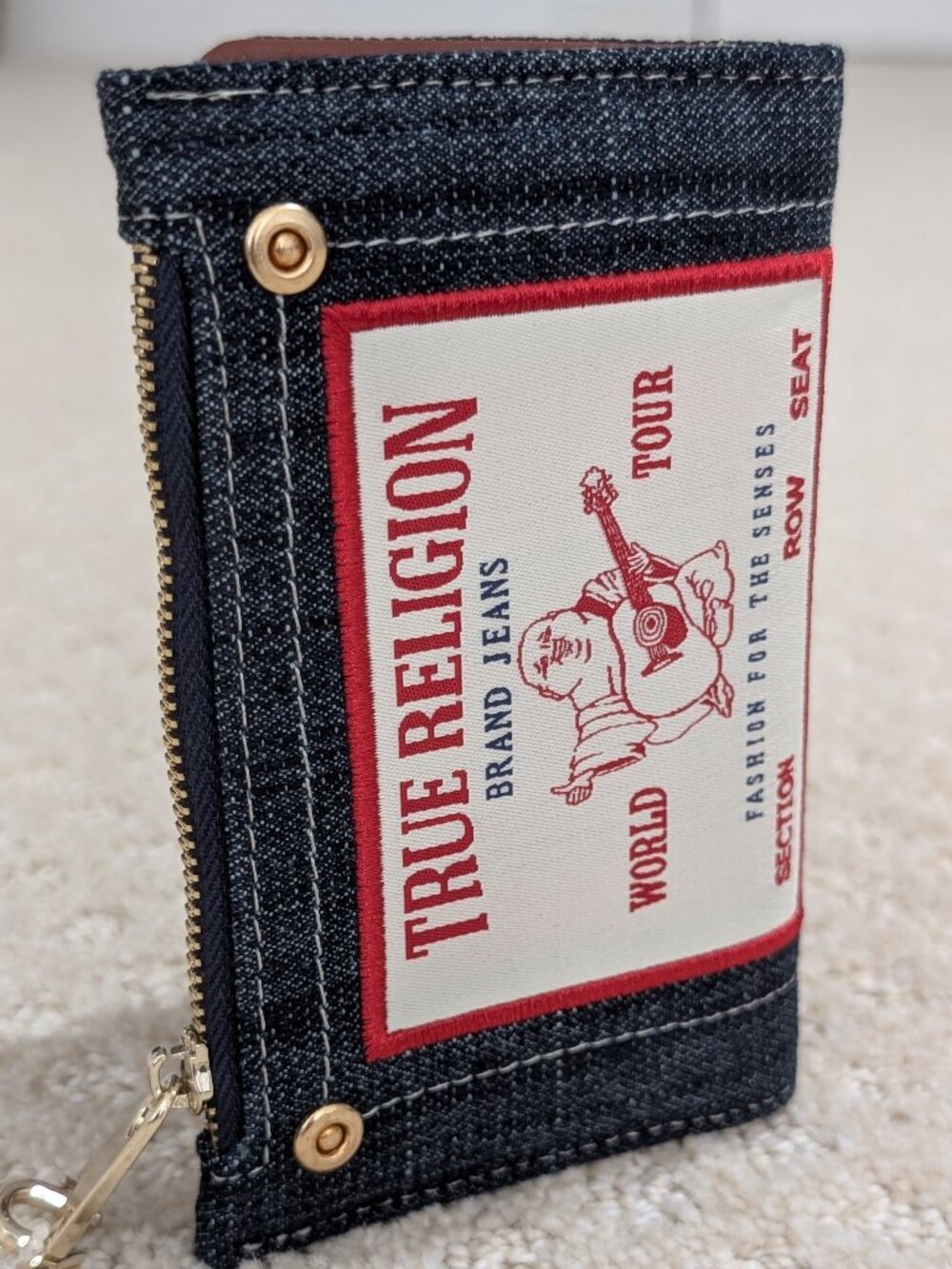 True Religion Buddha Denim Bifold Wallet Blue Jean Zip Coin Pocket